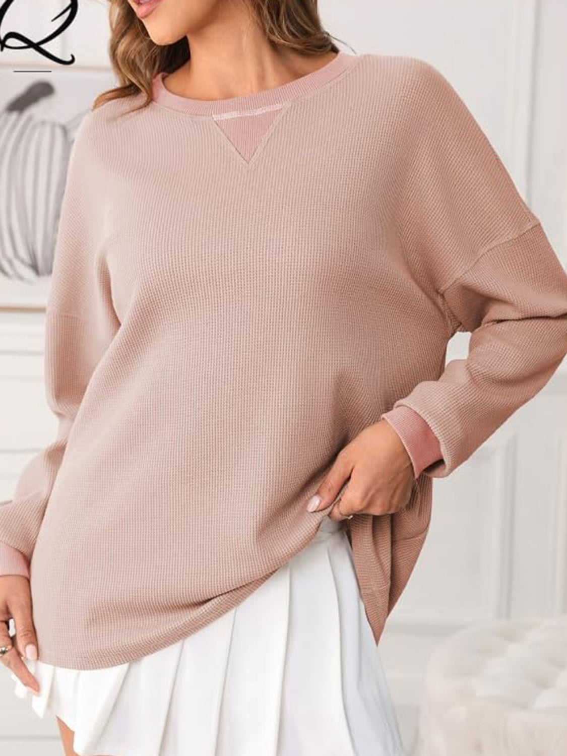 Waffle Knit Round Neck Long Sleeve T-Shirt