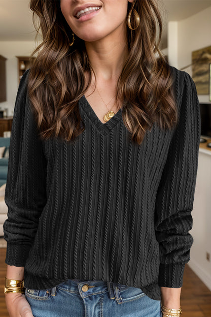 Textured V-Neck Long Sleeve T-Shirt