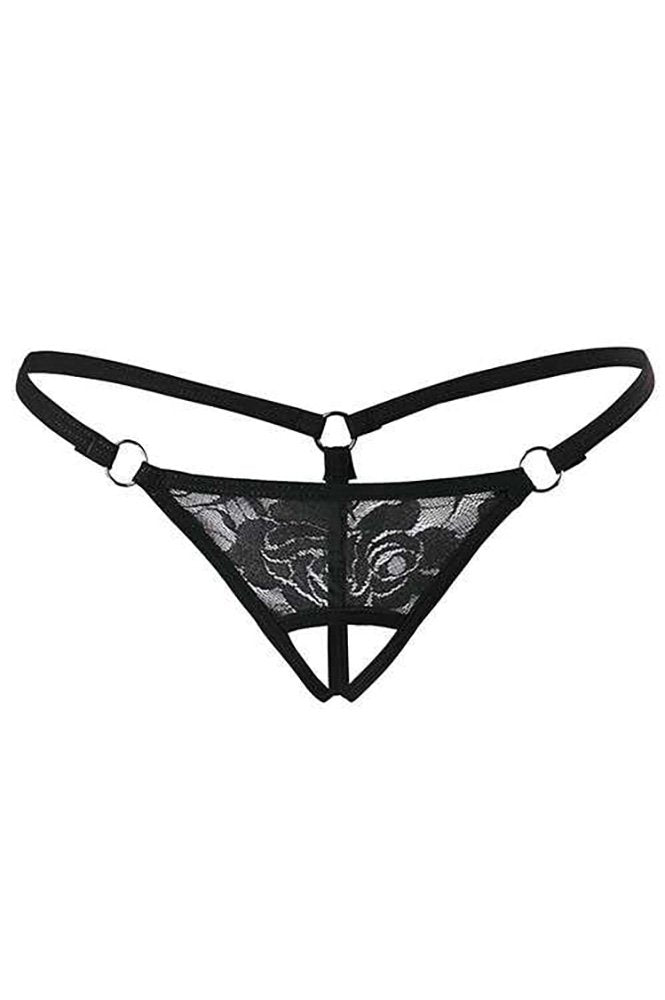 Siyah Dantelli Özel Bölgesi Açık G-String