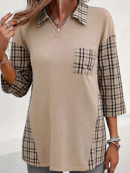 Plaid Johhny Collar Three-Quarter Sleeve T-Shirt