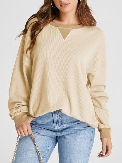 Waffle Knit Round Neck Long Sleeve T-Shirt